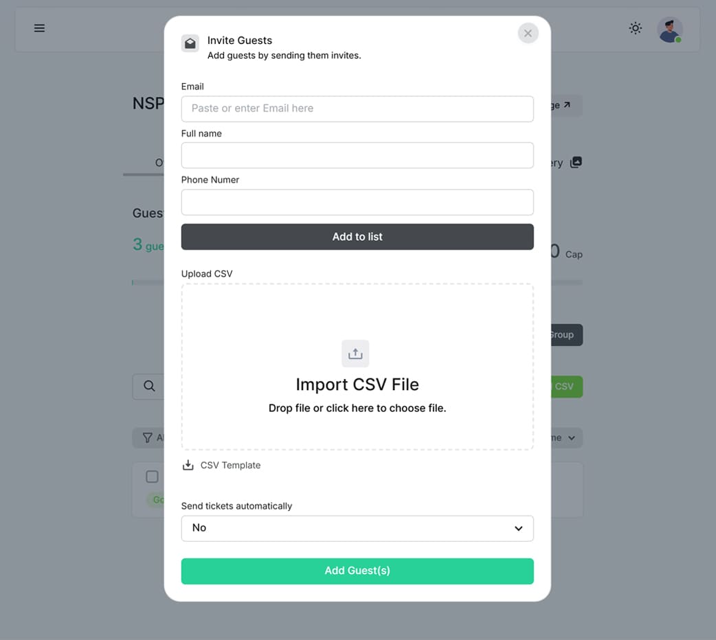 page showing invitation form